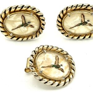 Vintage Artisan Cuff Links and Tie Bar Gold tone and cream
